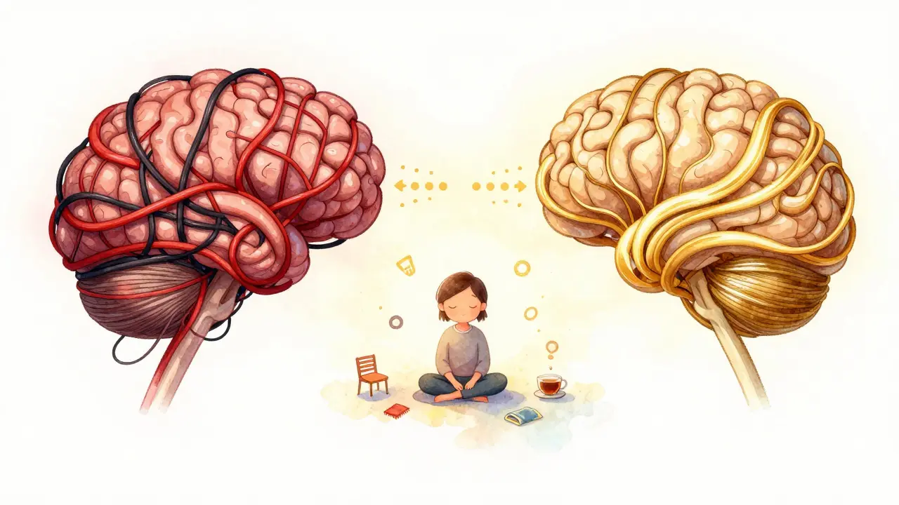 Mozek přepracovává trauma: temné uzly se mění v zlaté proudy pod vlivem bilaterální stimulace.