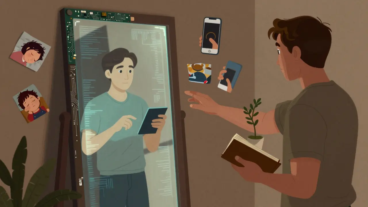 Muž se dívá do zrcadla, kde jeho odraz je digitální avatar, zatímco jeho skutečná podoba drží deník.