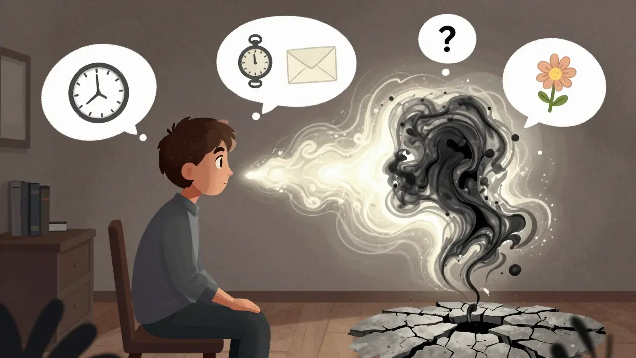 Osoba hovoří s neviditelnou hlasem, který se tvoří z inkoustu a světla v terapeutické místnosti.