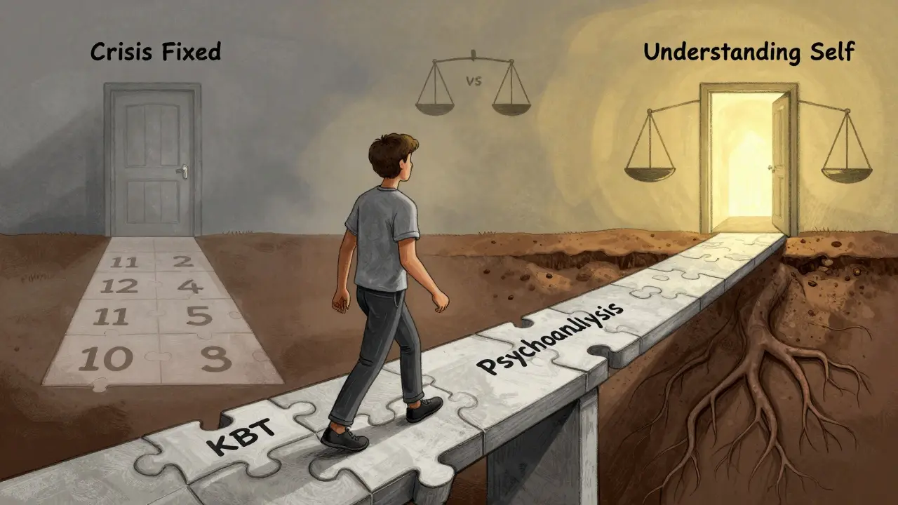 Osoba na mostě z kombinovaných kousků terapie — od krizového řešení k hlubokému poznání sebe.