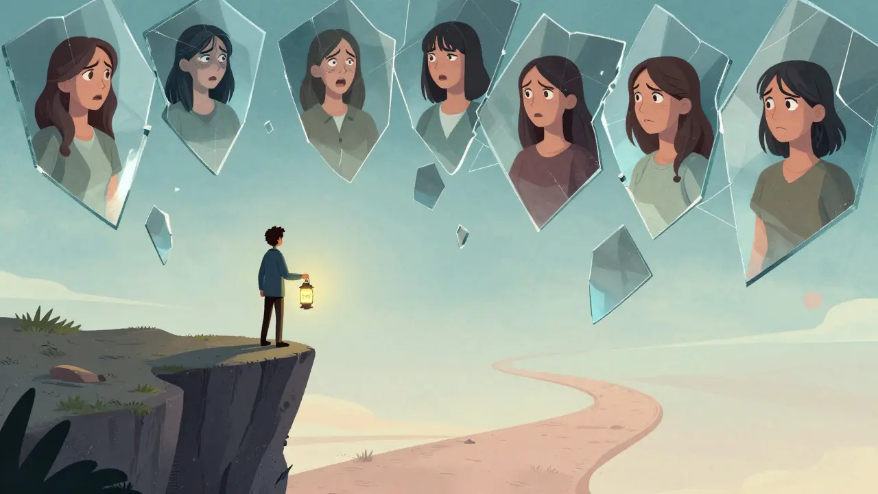 Osoba na okraji skály z kaleidoskopických zrcadel, kterou vede terapeut s lucernou, symbolizující dlouhodobou transformaci.