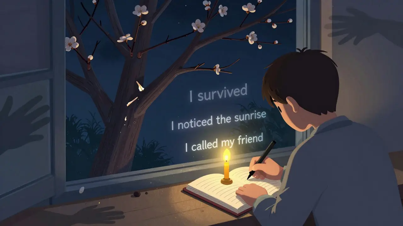 Osoba píše do deníku v noci, nad stránkami plavou slova o přežití a malých radostech, za oknem kvete strom z lámání větví.