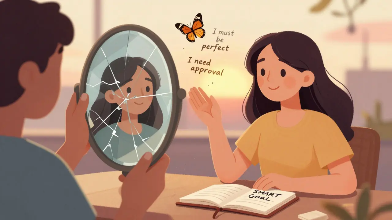 Osoba se dívá do zrcadla a vidí svou silnější a klidnější verzi sebe sama.