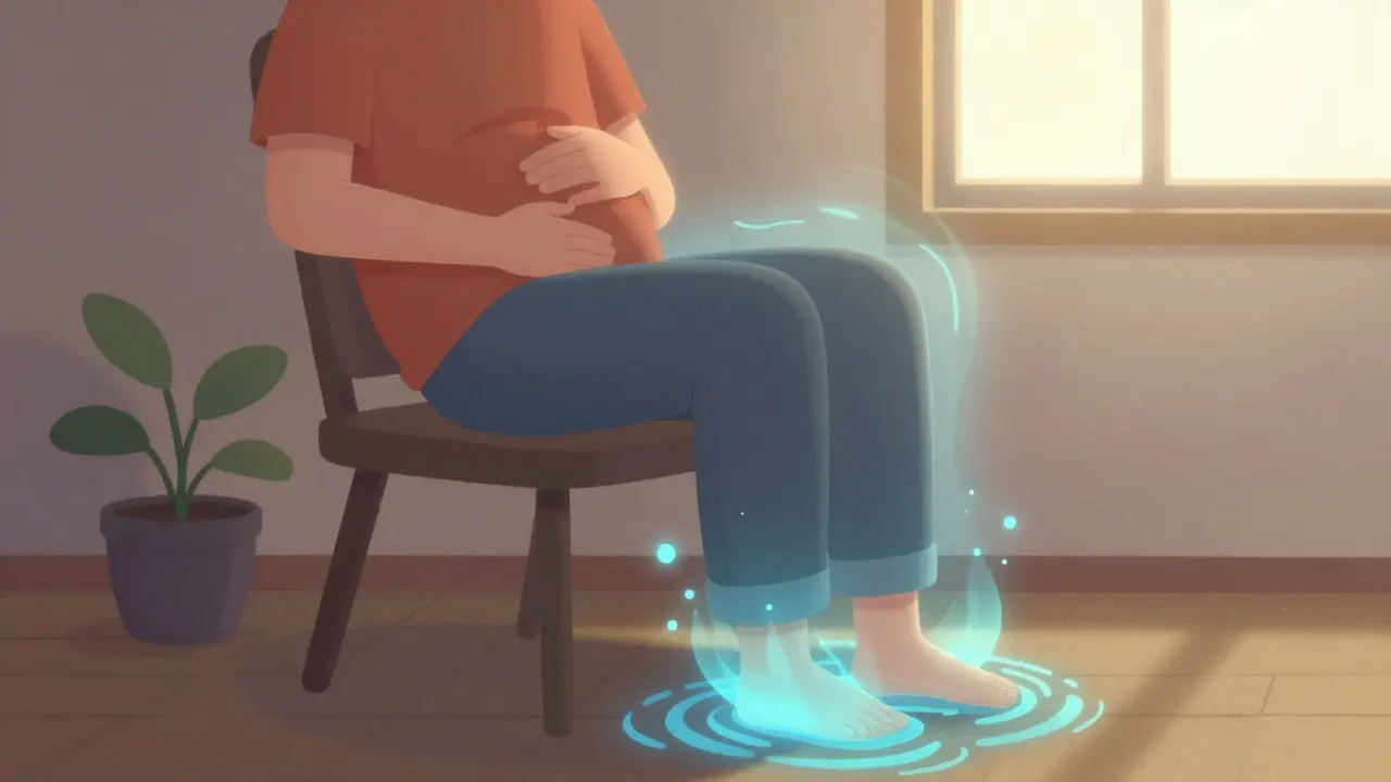 Osoba sedí a klidně položila ruku na břicho, z jejího těla se šíří klidné vlny světla a jemné třesoucí se pohyby.