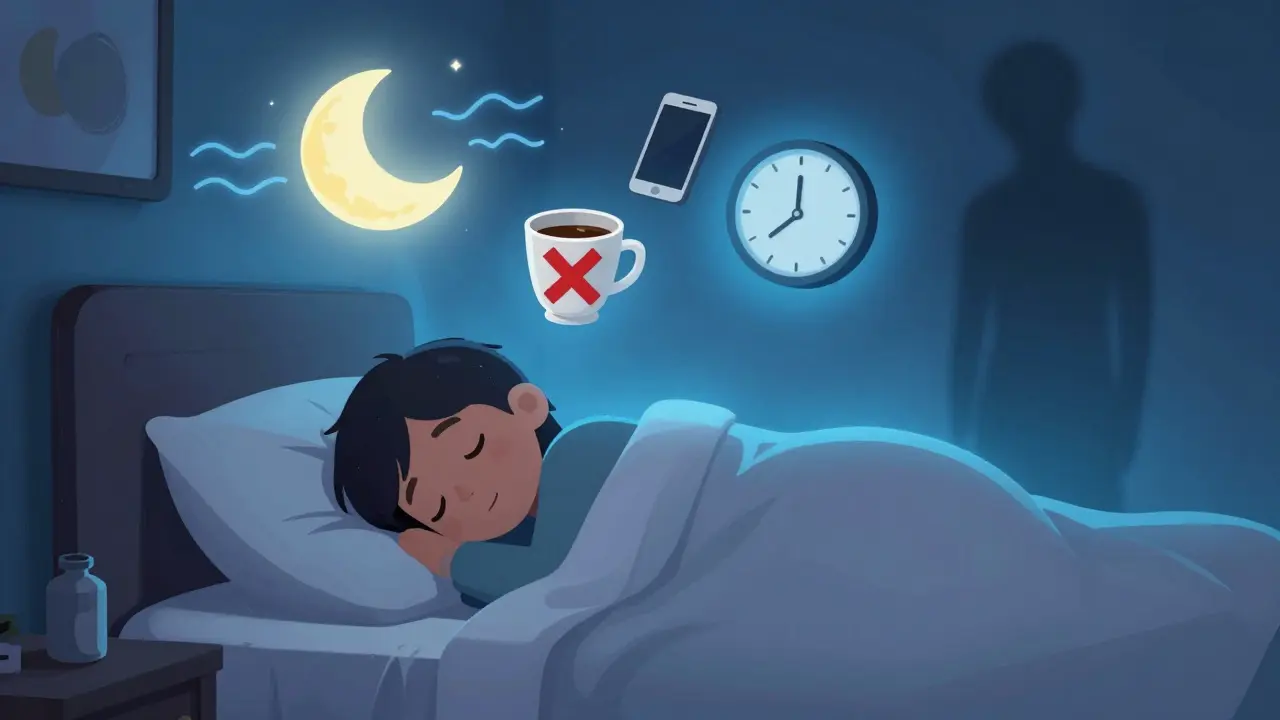 Osoba spí v klidné ložnici, kolem ní plavou symboly zdravého spánku a odstraněného kofeinu.