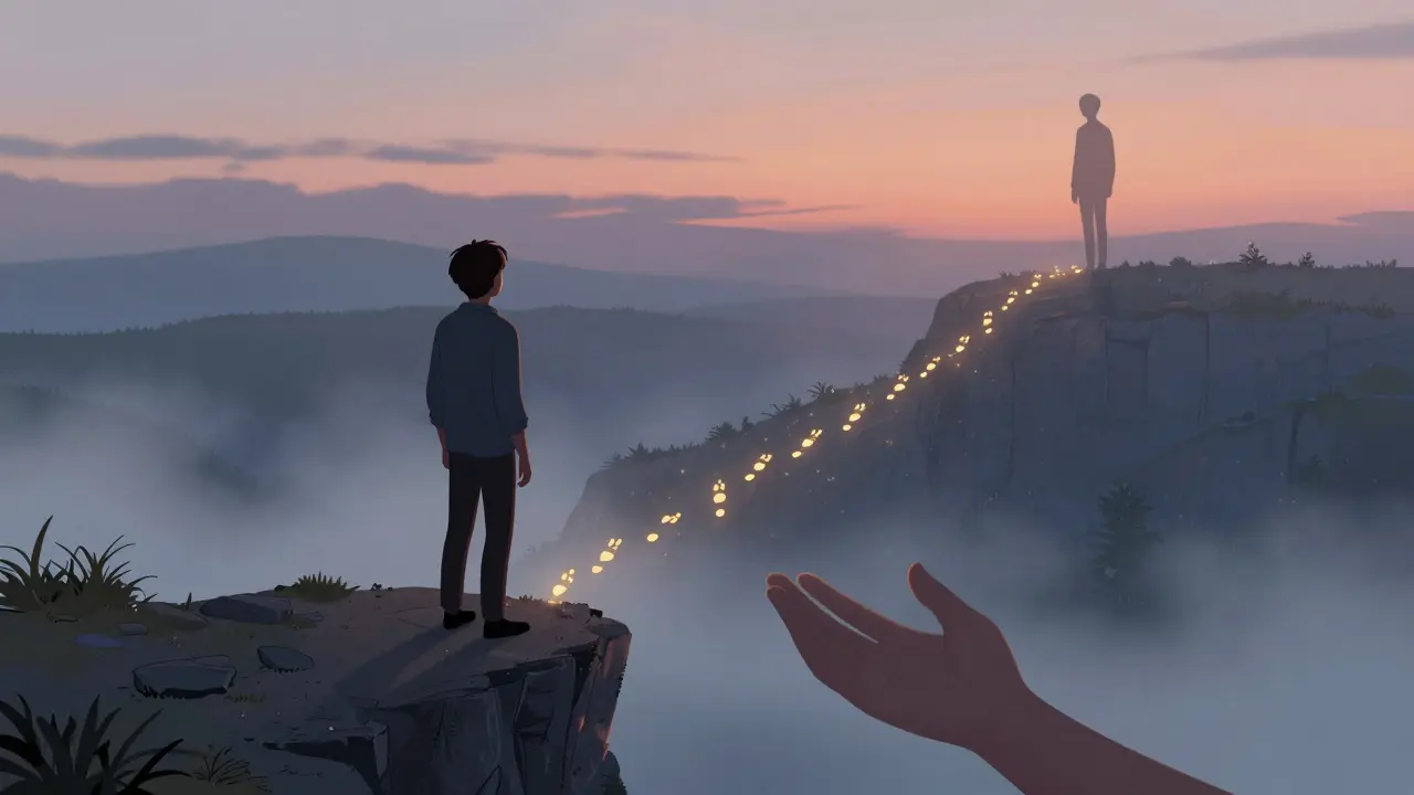 Osoba stojí na okraji útesu, pod ní tisíce svítících kroků směrem nahoru.