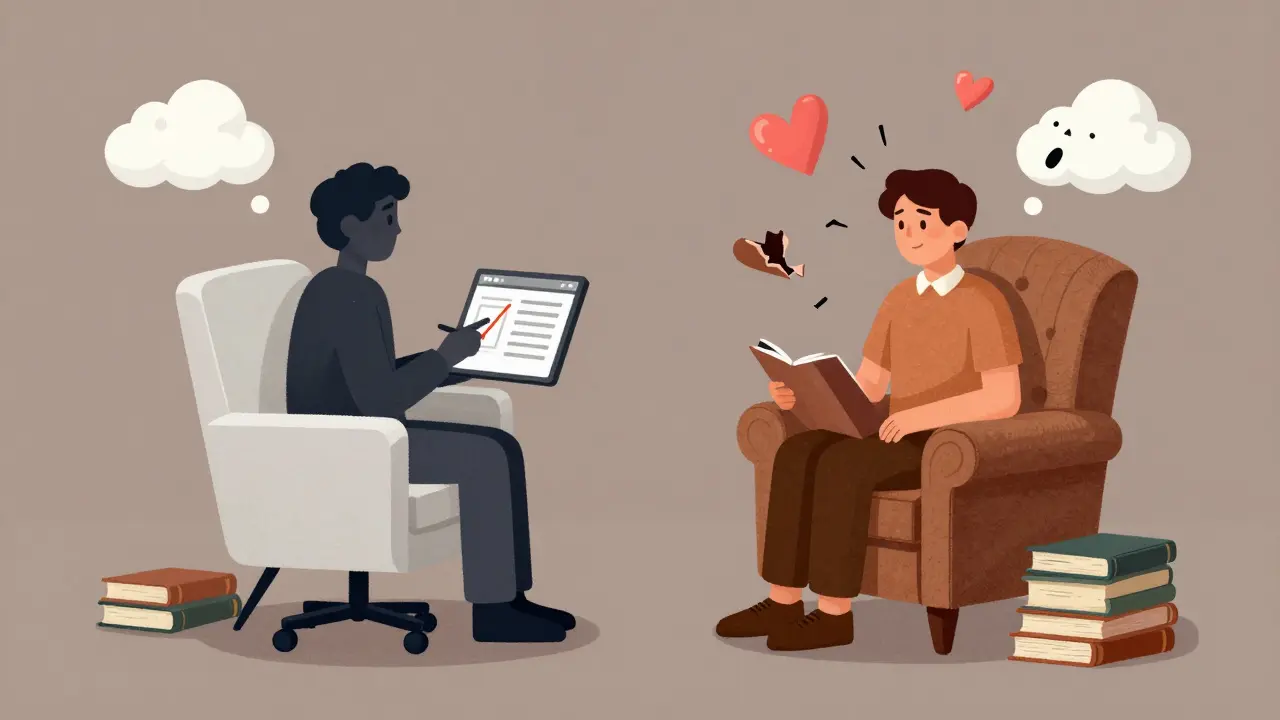 Osoba ve dvou křeslech: jedno pro rychlé řešení, druhé pro hloubkovou práci s emocemi.