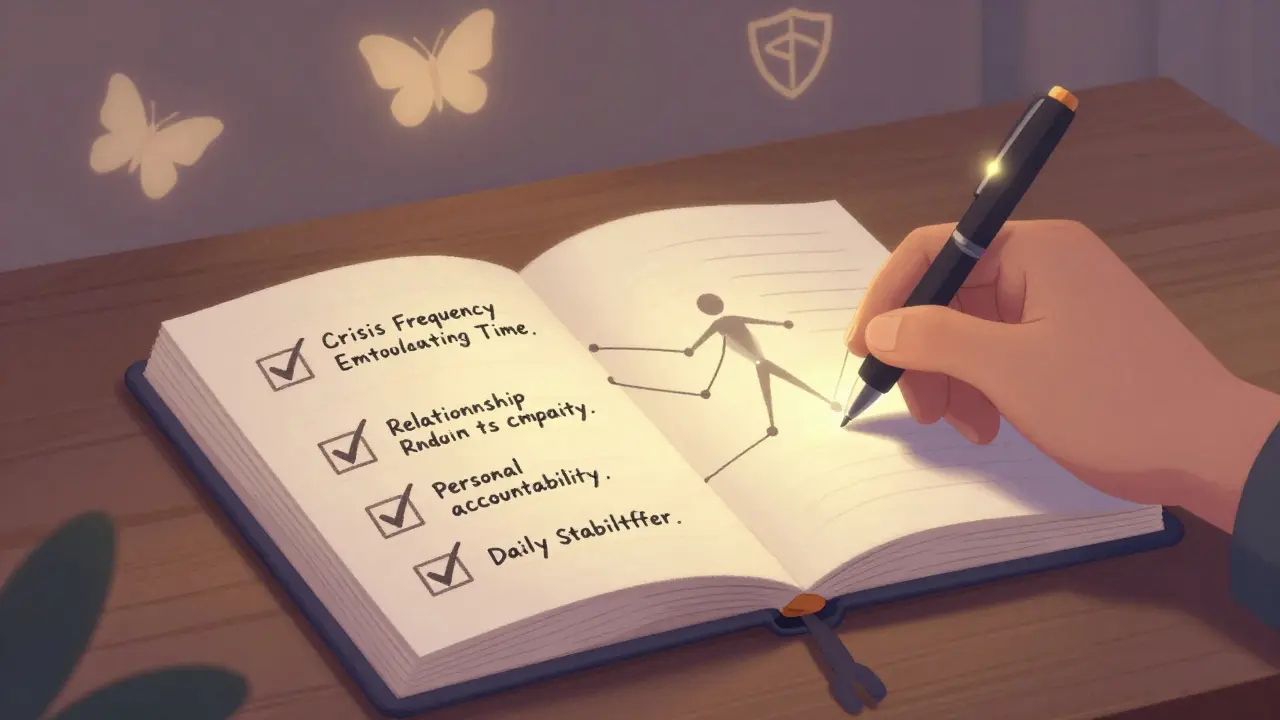 Otevřený deník s ověřitelnými ukazateli pokroku, které tvoří hvězdný vzor tvaru člověka, osvětlený měkkým světlem.