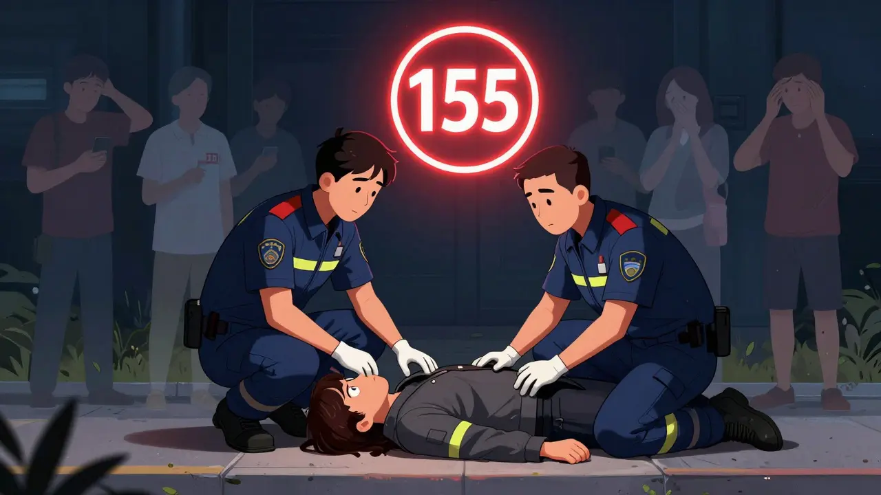 Paramedici pomáhají osobě v šoku, nad nimi se objevuje světlo 155, zatímco ostatní v krizi se rozplynou v pozadí.