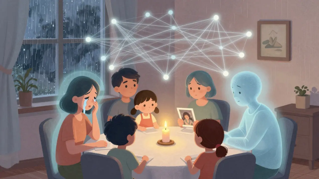 Rodina sedí u stolu, každý má svou emoce jako zářící obal, nad nimi je síť spojení.