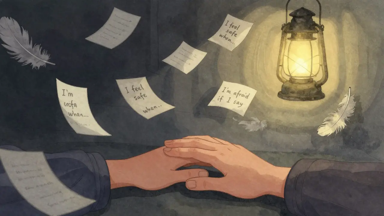 Ruce se dotýkají v tichu, kolem nich letí listy s emocemi, světlo rozptýlí bariéru mlčení.