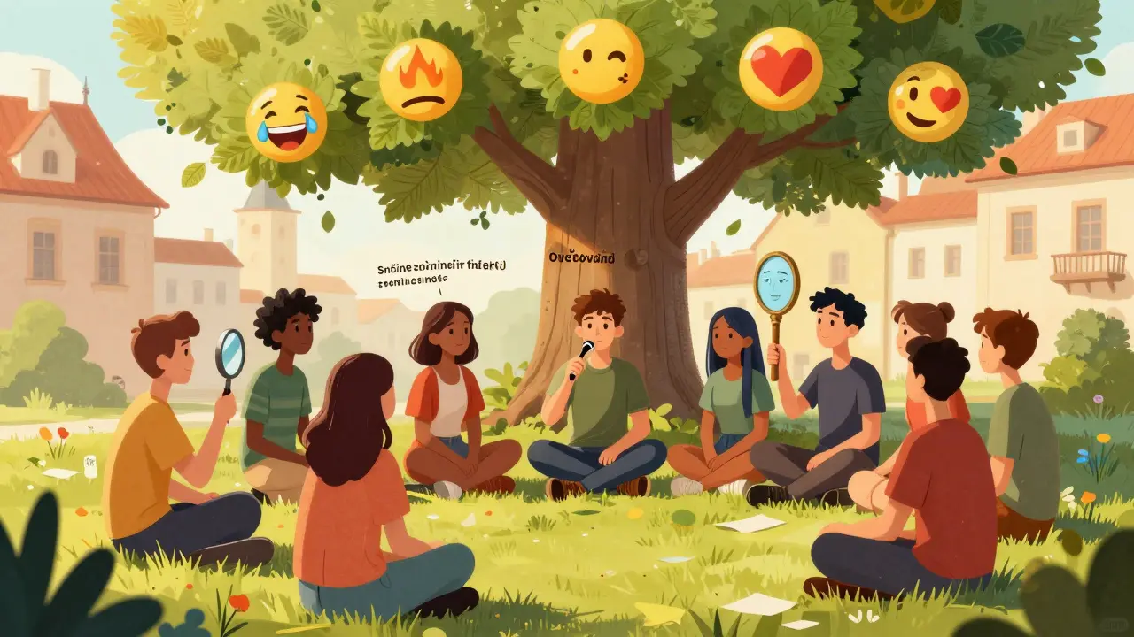 Skupina lidí trénuje DBT pod stromem s symboly emocí a nástroji pro regulaci.