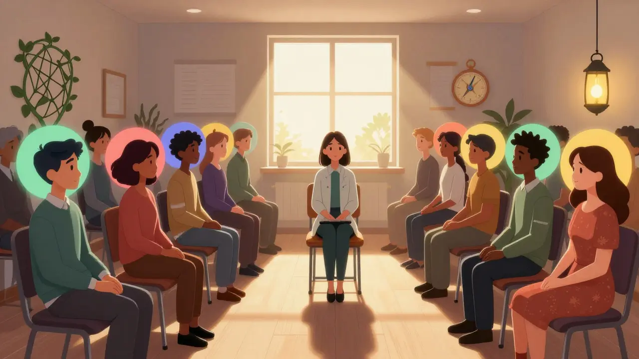 Skupina lidí v terapeutickém prostoru je obklopena barevnými halómi reprezentujícími jejich osobní růst po trauma.