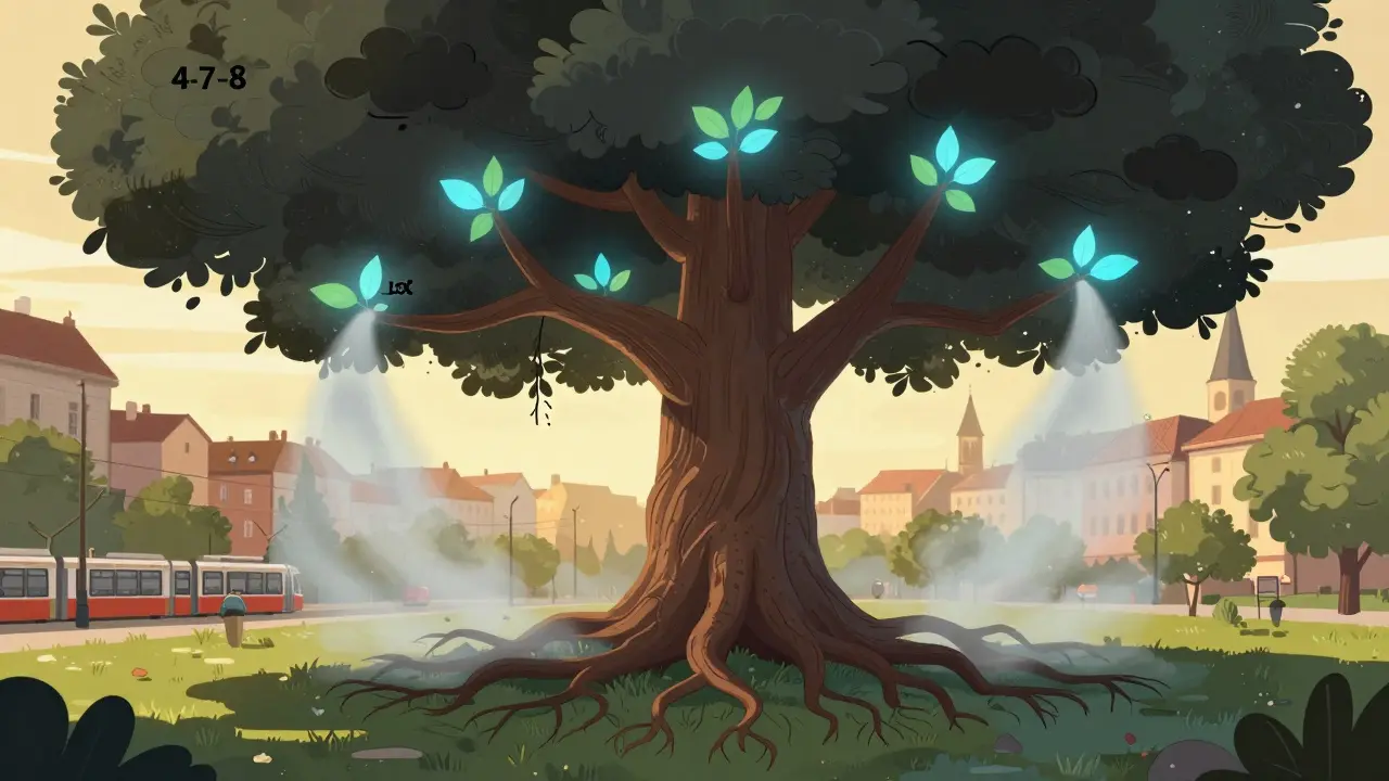 Strom s kořeny tvaru těla, jeho větve představují dýchací techniky, stresové mraky se mění v klidnou mlhu.