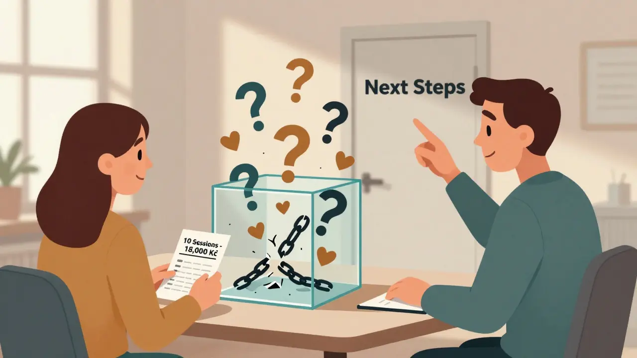 Terapeut a klient s skleněnou krabicí plnou otázek a řetězů