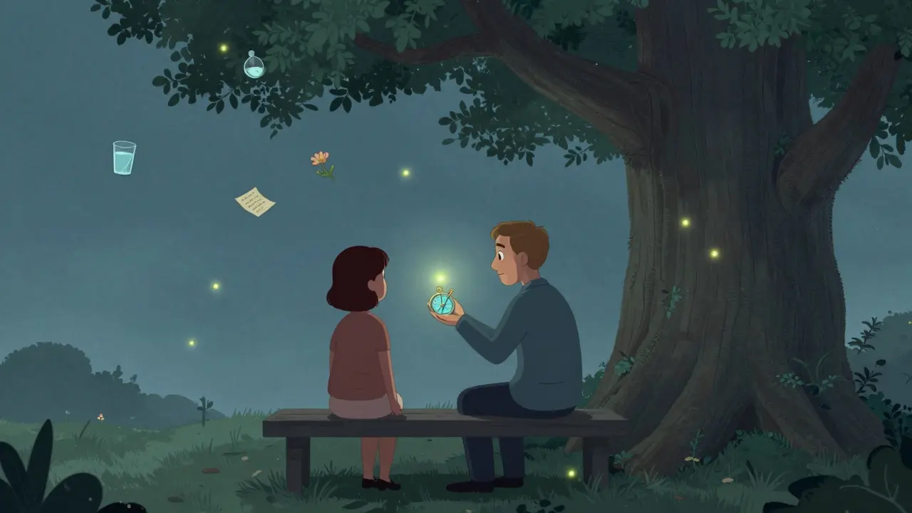 Terapeut a klient sedí pod stromem, kolem nich plavou malé výhry jako světélka.