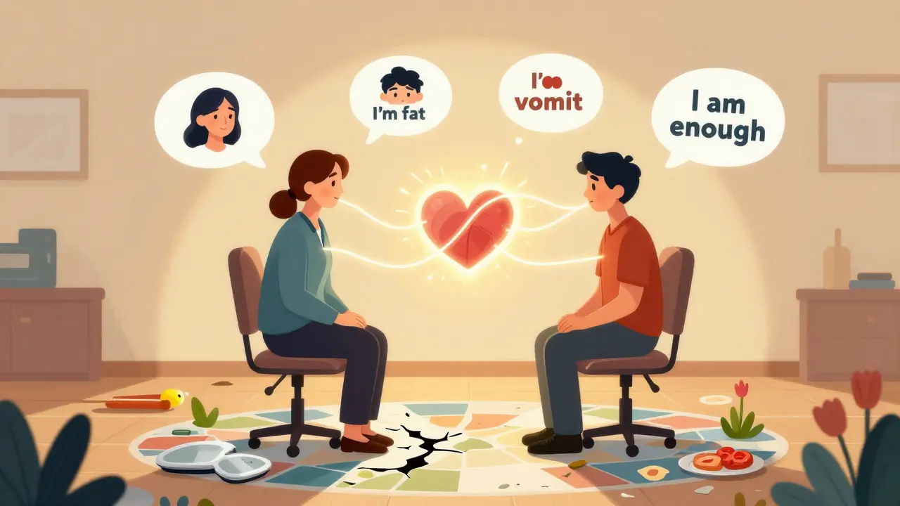 Terapeut a pacient spojeni světelným vláknem, kolem nich se vznášejí myšlenky a květiny uzdravení.