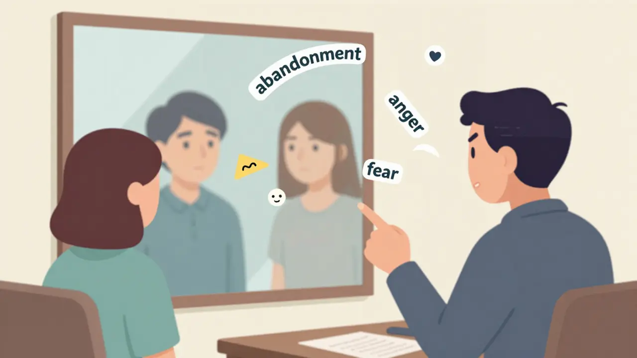 Terapeut a pacient v terapeutické schůzce, kde se v zrcadle odrazí dětská postava, symbolizující přenos.