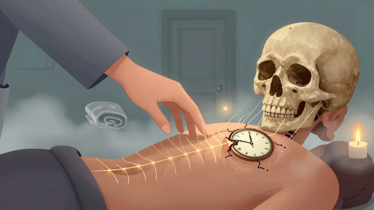 Terapeut jemně dotýká páteře a lebky klienta, z jejich kontaktu vychází rytmické zlaté vlny, které obnovují přirozené tělesné rytmus.