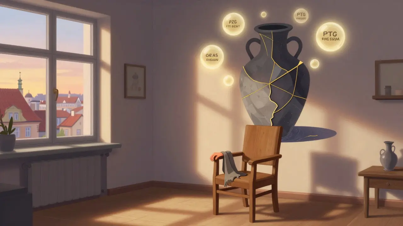 Terapeutická místnost s kintsugi mural a opřeným šátkem, venku vychází slunce nad Prahou.