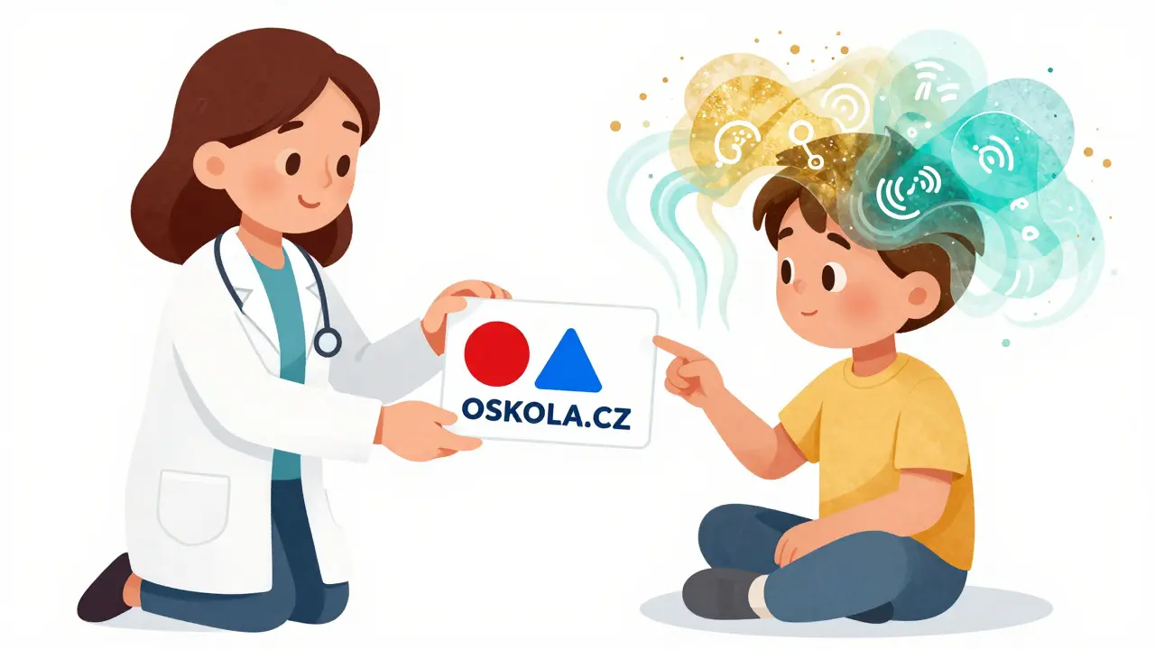 Terapeutka ukazuje dítěti laminovanou kartičku, z níž vycházejí vlny reprezentující senzorické stimuly.