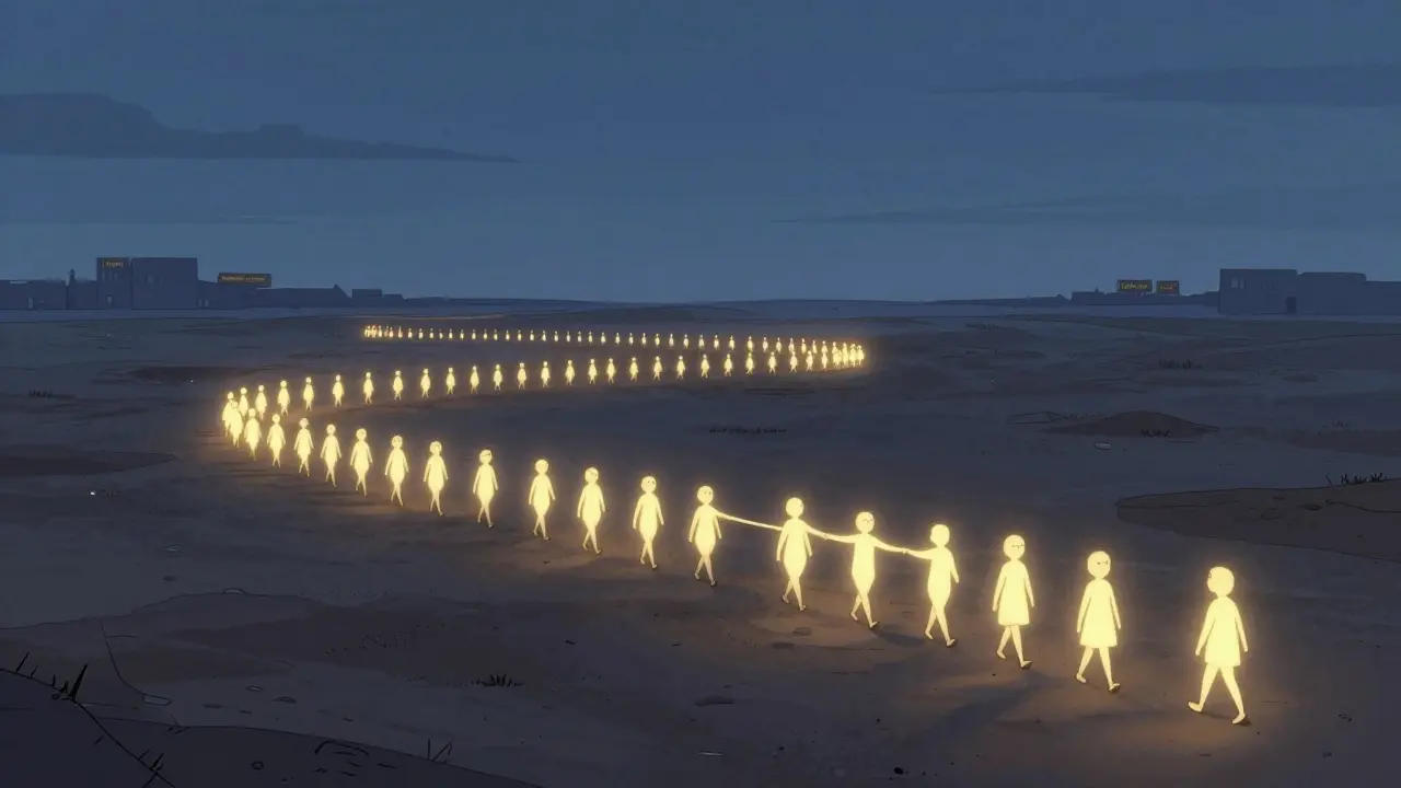 Tisíce lidí jdou sami po poušti, jeden se dotkne druhého — vznikne most ze světla.