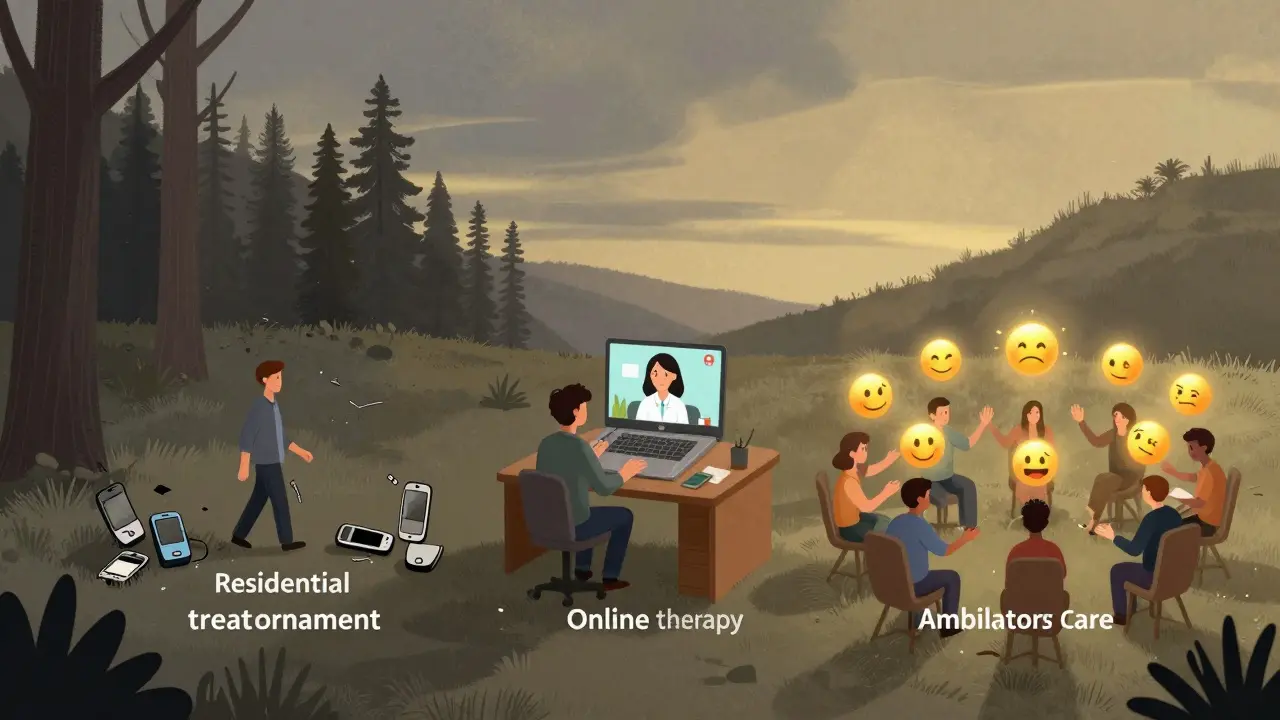 Tři symbolické cesty léčby digitální závislosti: les s rozbitymi telefony, online konzultace a skupinová podpora.