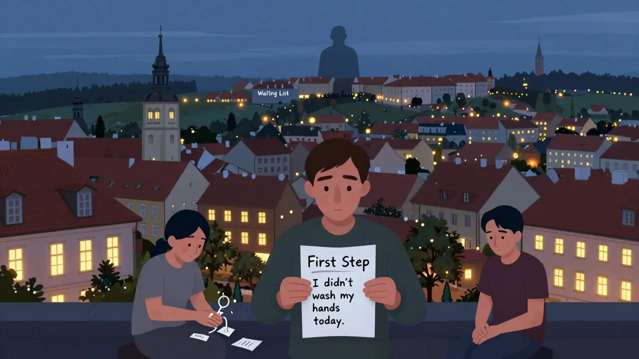 České město s lidmi provádějícími ERP, venkov je temný, střední postava drží list s prvním krokem.