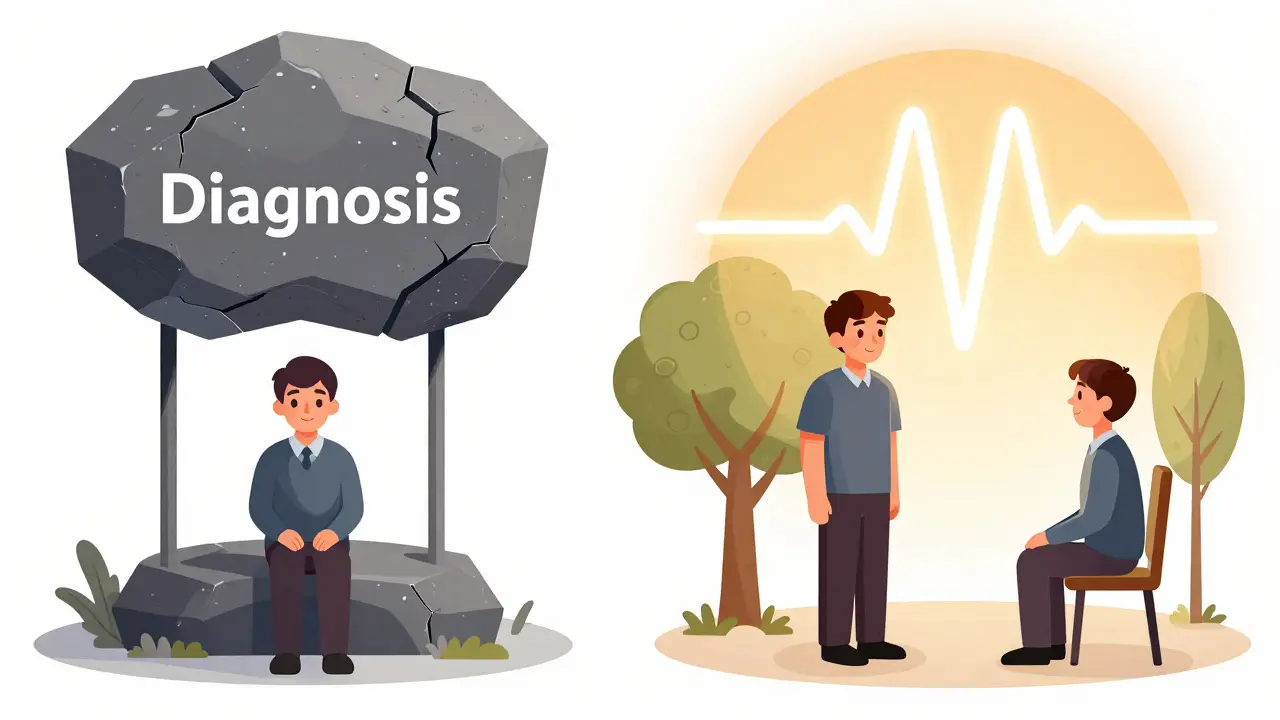 Client under heavy stone vs. same client standing with therapist under warm heartbeat canopy.