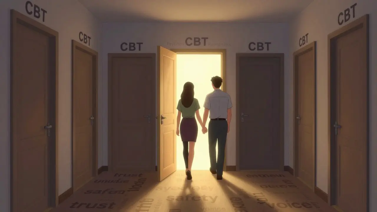 Client walks hand-in-hand with therapist through glowing door labeled trust, other therapy doors closed.