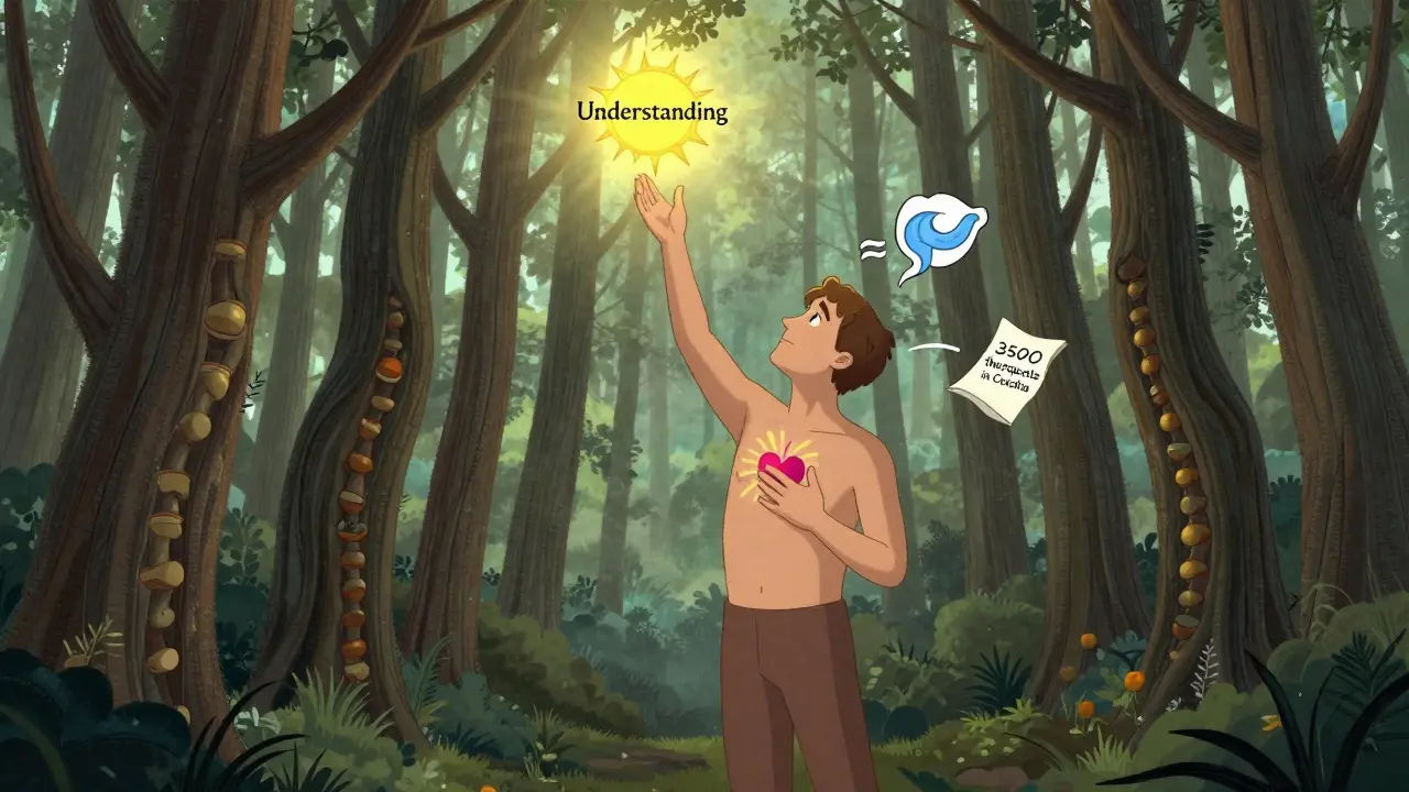 Člověk v lese z kmenů pamětí, ruka táhne k pochopení, srdce svítí v hrudi.