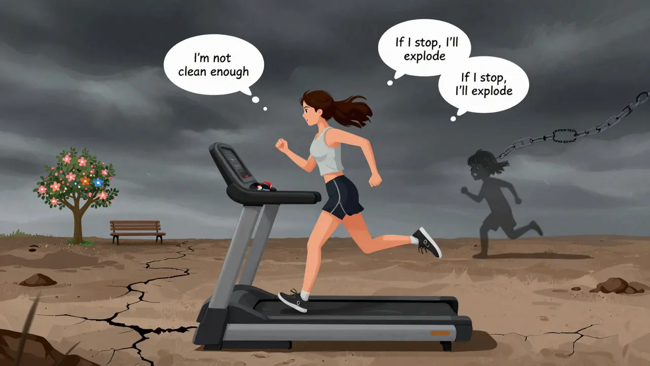 Dívka běží na nekonečné běžečce, její stín je dítě s řetězy, kolem ní myšlenky o nečistotě a strachu.