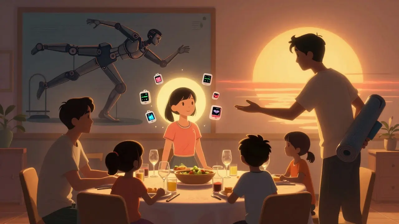 Dívka stojí odděleně od rodiny, kolem ní hodiny a měřiče, rodič jí nabízí jógovou matu, ne stopky.