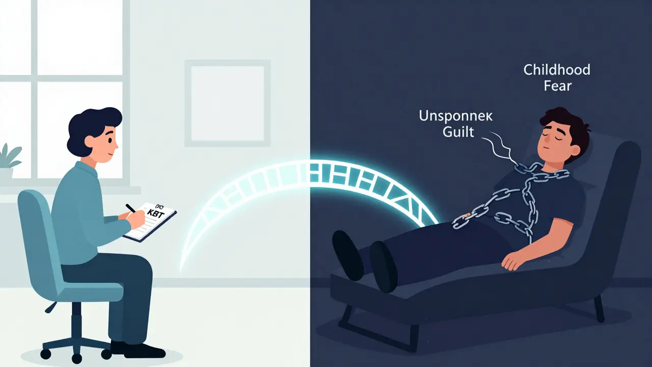 Dvě formy terapie: kognitivní na světle a psychodynamická ve stínu, propojené mostem.