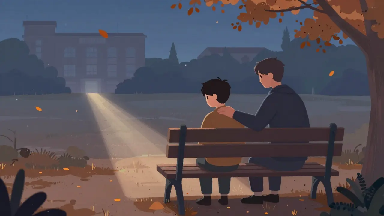 Dvě osoby na lavičce v parku v soumraku, jedna podporuje druhou v tiché, plné naděje scéně.