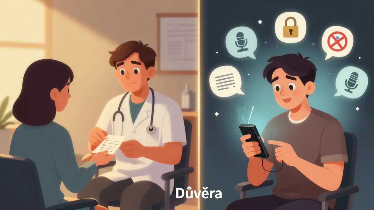 Dvě scény: jedna ukazuje terapeuta, který dává klientovi zápis, druhá ukazuje klienta s nahrávačkou a prázdnými, hrozivými symboly.