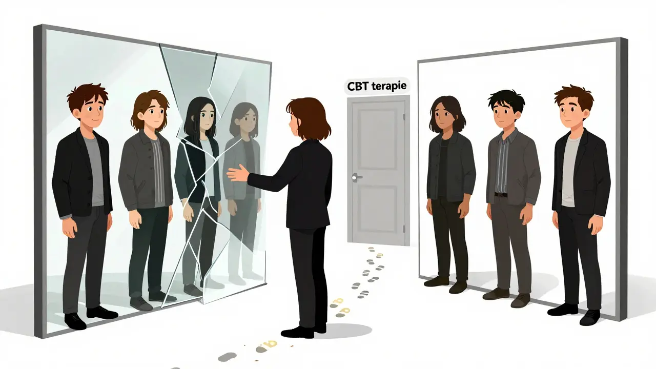 Lidská postava se dívá do rozděleného zrcadla s sedmi různými verzemi sebe sama.