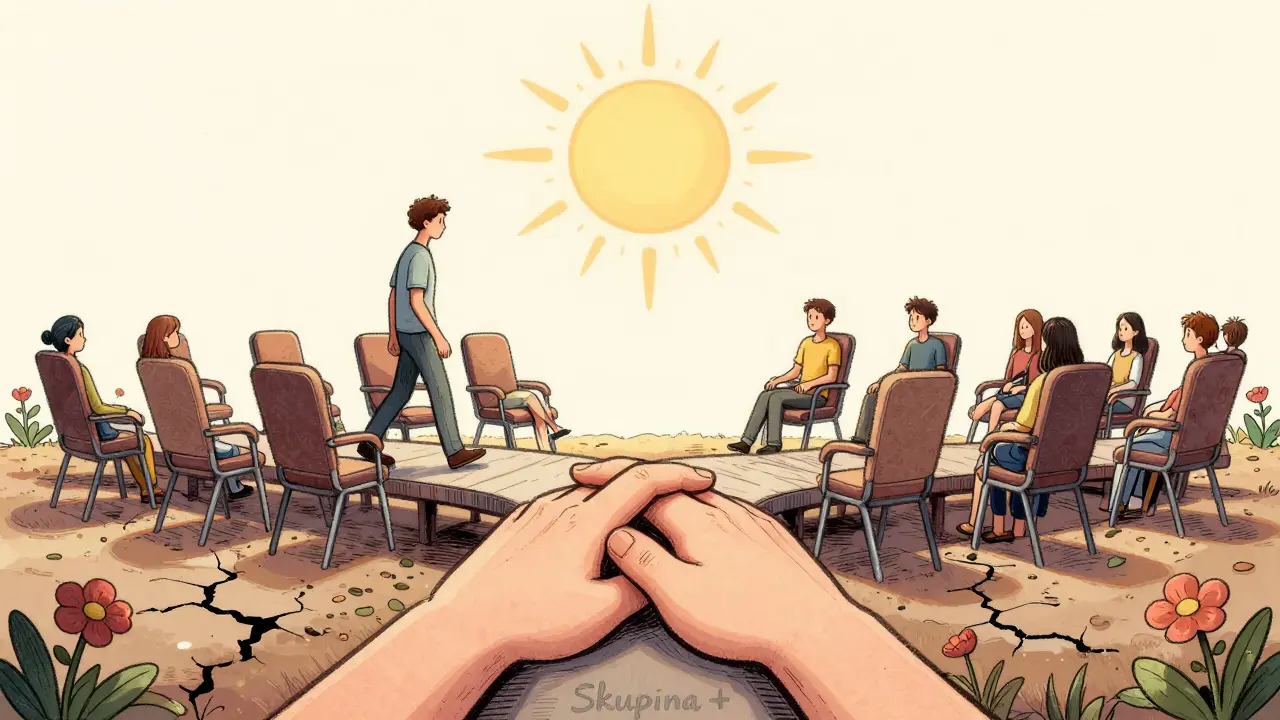 Most z rukou a židlí, spojující jednotlivce a skupinu, pod sluncem, s květinami rostoucími z trhlin.