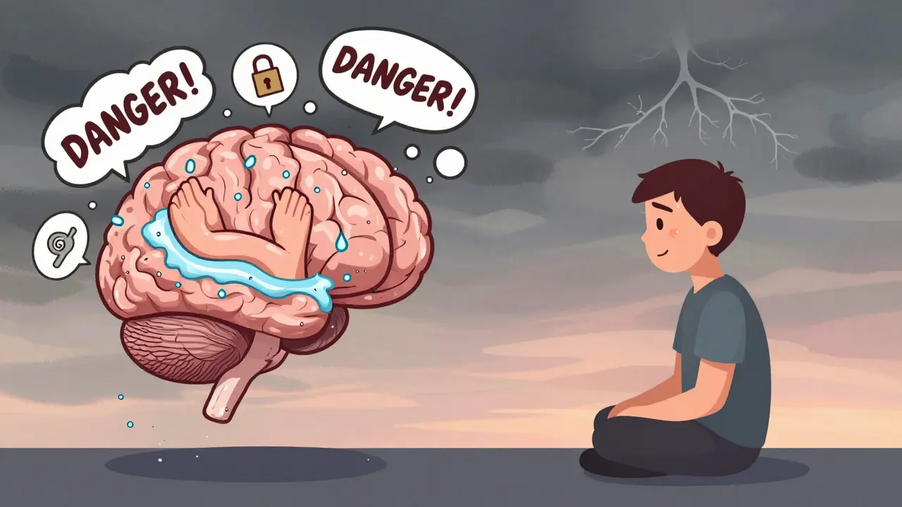 Mozek rozdělený na chaos obsedancí a klid po odmítnutí rituálu.