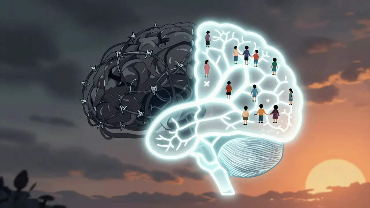 Mozek s temnými vzpomínkami na jedné straně a hojivými nervovými cestami na druhé.