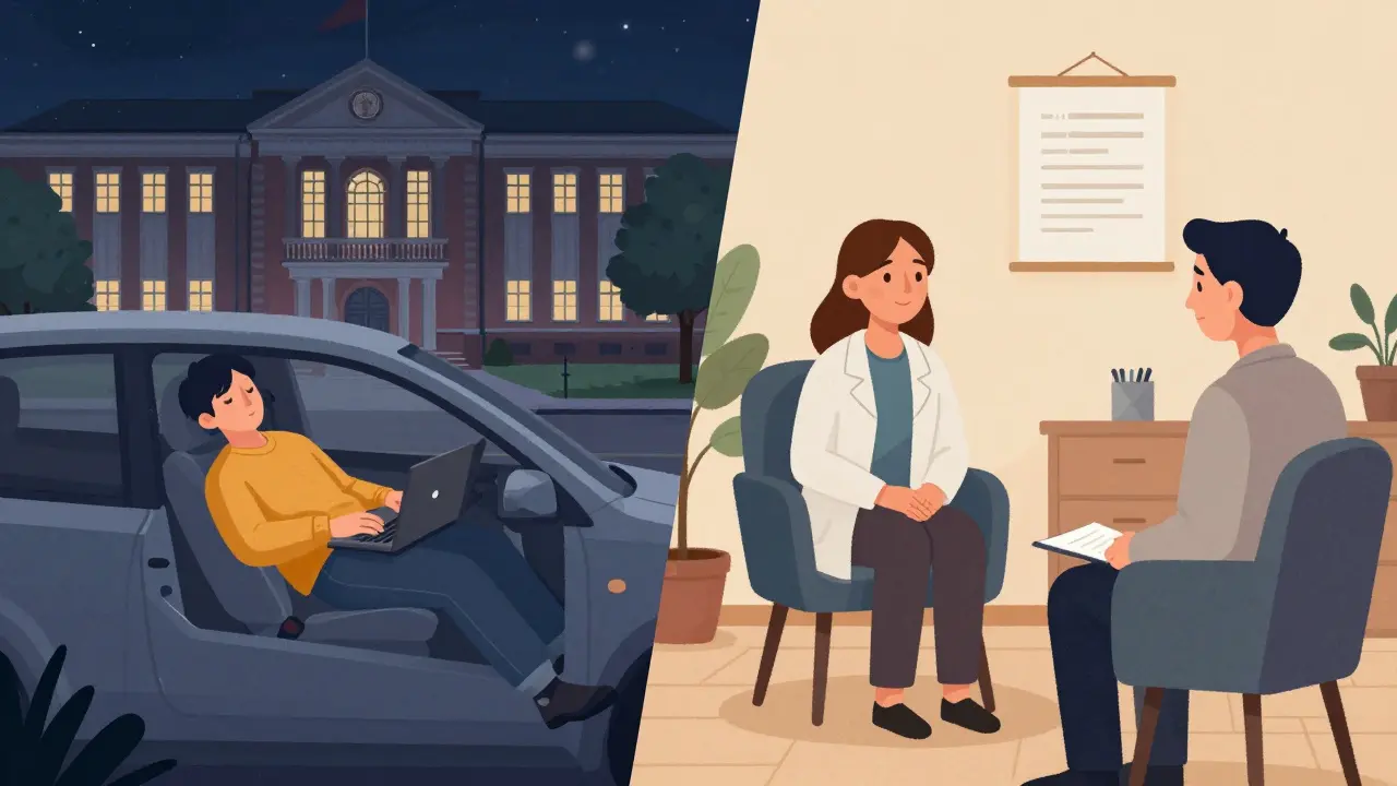 Muž spí v autě venku, zatímco jeho dospělá verze pomáhá klientovi v klidné terapeutické místnosti.