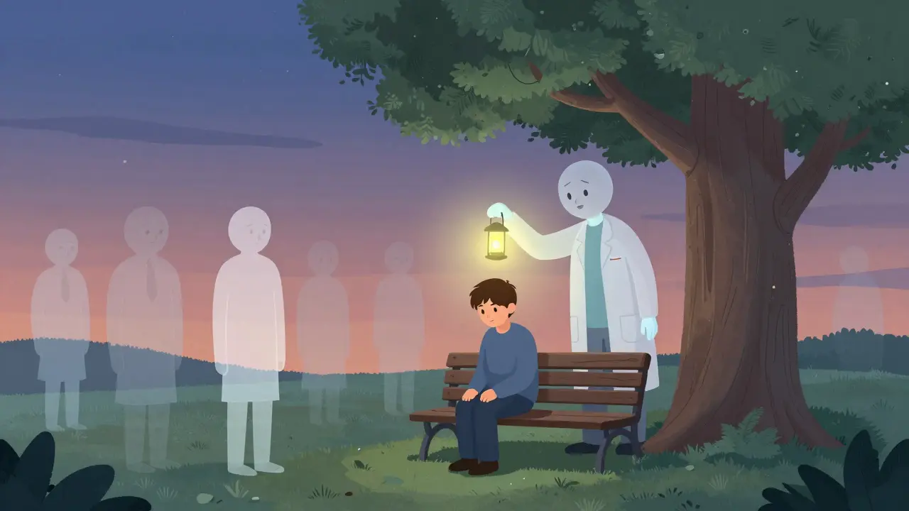 Osoba sedí na lavičce pod stromem, zatímco transparentní terapeut stojí za ní s laternou.