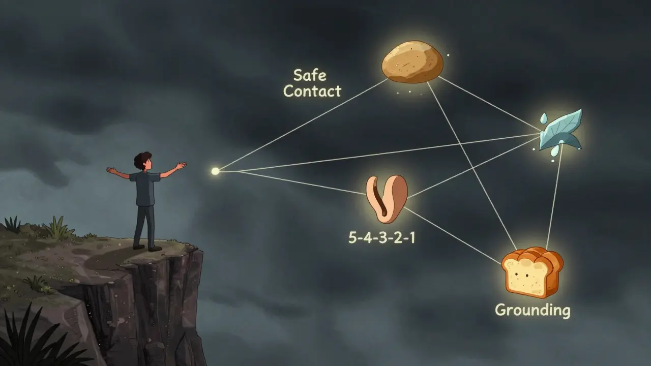 Osoba stojí na hraně bouřky, ale je udržována jemnými nitěmi spojenými s citově bezpečnými smyslovými zážitky.