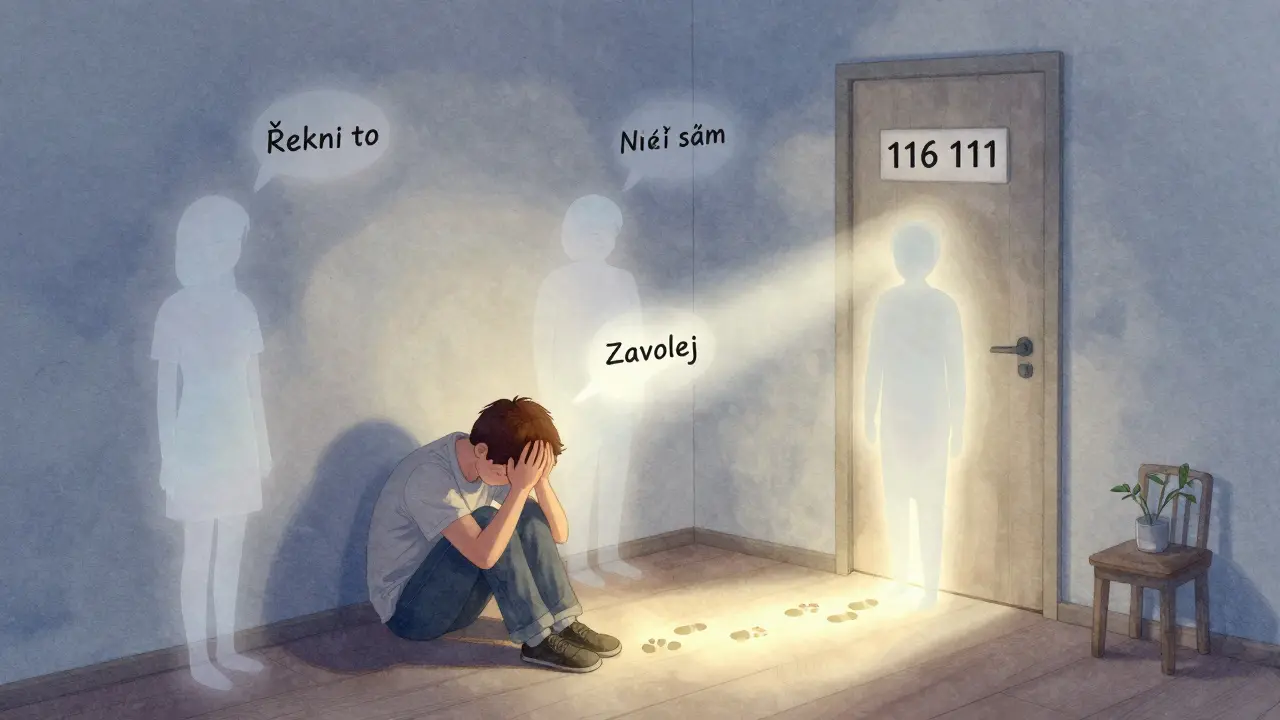 Osoba ve tmě je obklopena průhlednými postavami, které šeptají podpůrná slova, zatímco k dveřím s číslem 116 111 vede světlá cesta.