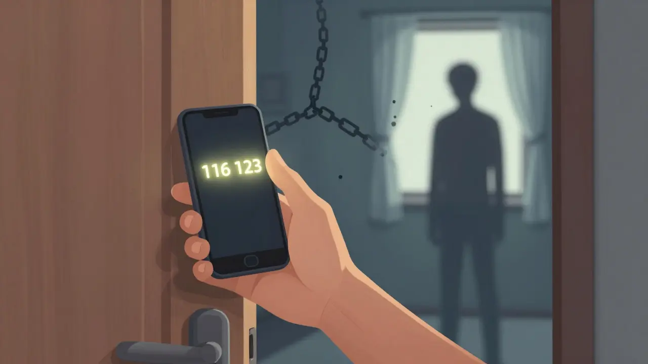 Ruka drží telefon s číslem krizové linky, zatímco stínová postava za dveřmi hledí ven do světla.