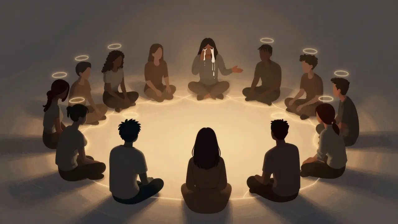 Skupina lidí ve světlém kruhu, jejich siluety spojené jemnými světelnými linkami, symbolizující podporu.