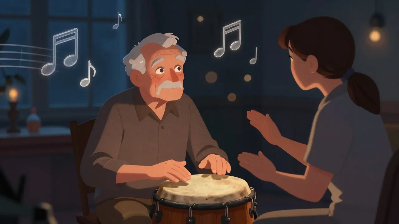 Starý muž s demencí tleská na buben během muzikoterapie, kolem něj plavou hudební noty.