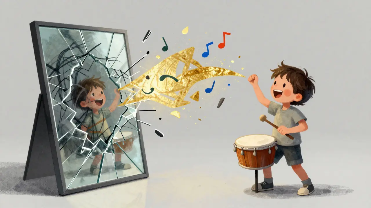 Symbolický obraz: rozdělený svět – zatlačená kresba na jedné straně, volný rytmus na druhé.