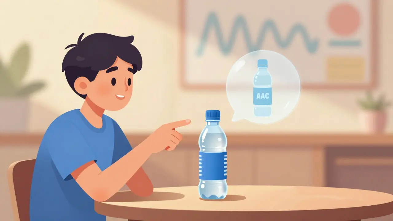 Teenager ukazuje na sklenici vody, zatímco se nad ní objeví digitální ikona jako spojení přirozené komunikace a technologie.