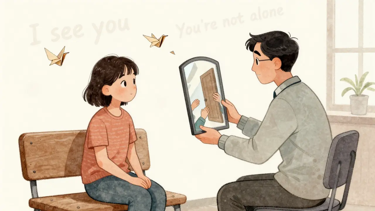 Terapeut a klient sedí vedle sebe, zrcadlo odhaluje jejich minulost, nad nimi plavou slova podpory.